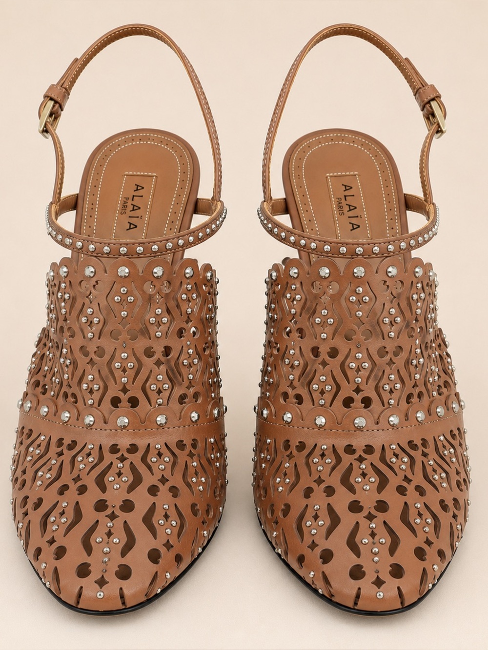 ALAÏA Paris Studded Laser Cut Leather Slingback Heels Pumps 38